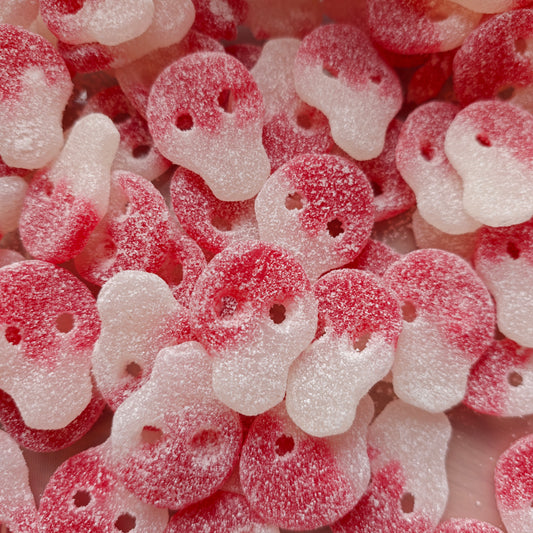 Matthijs Strawberry Vanilla Sour Skulls – red and white sugar-coated skull sweets, Swedish pick & mix candy