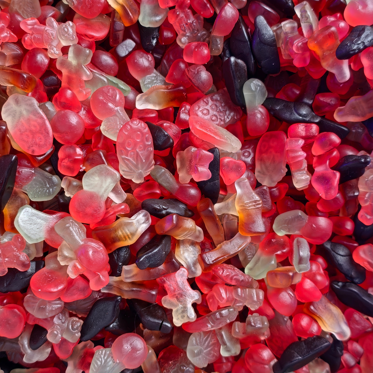 Sugar-Free Mix — six sugar-free Swedish pick-and-mix gummies: strawberries, teddy bears, cherry hearts, cola bottles, cherries and salty liquorice mice