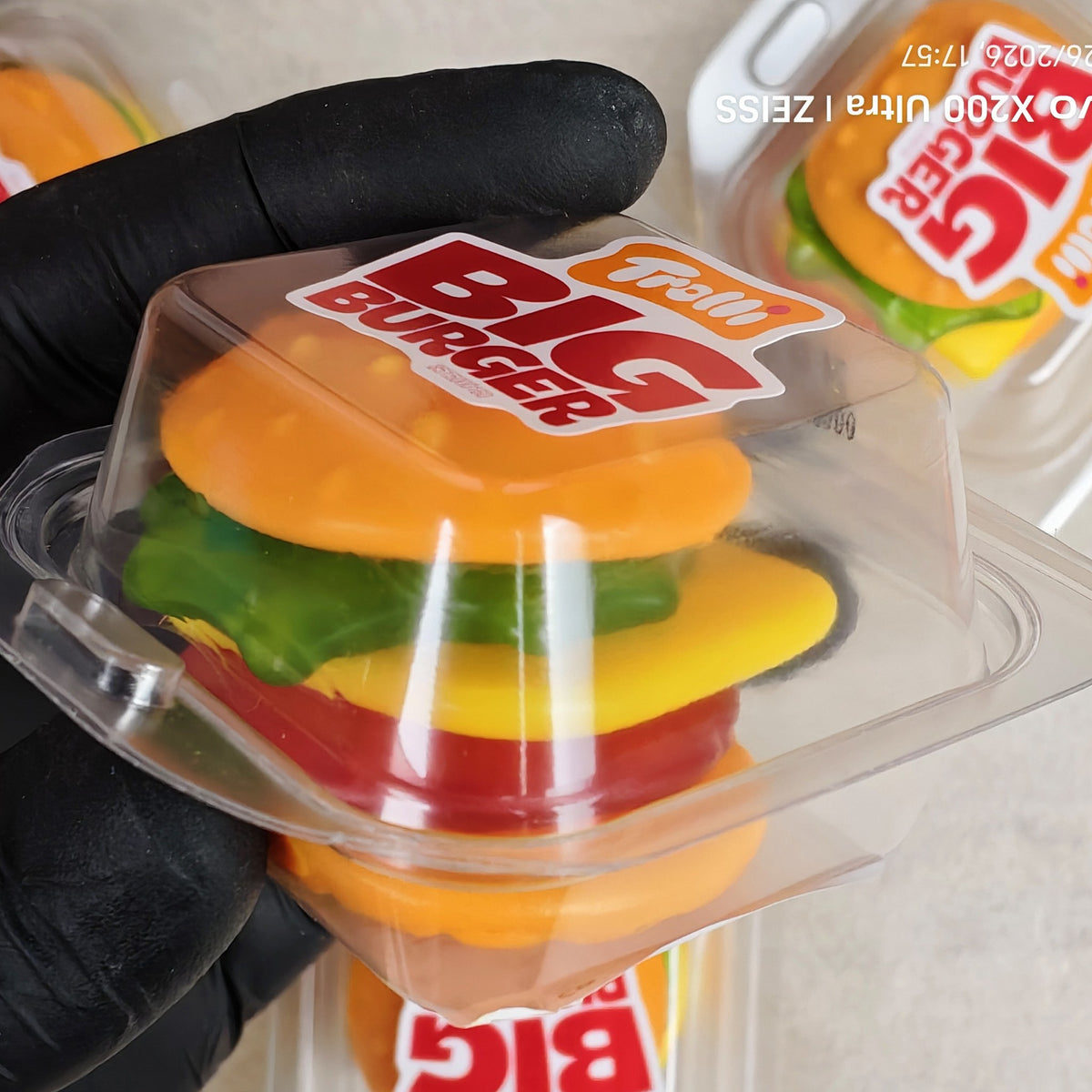Trolli Big Burger 50 g gummy cheeseburger in its clamshell box